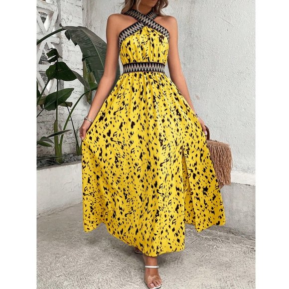 Allover Print Contrast Tape Split Thigh Maxi Dress Yellow - Picture 3 of 6